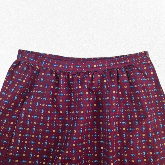 70s Vintage Burgundy Paisley Geometric Boho Retro Midi Full A-Line Skirt Size 12 - Picture 3 of 8